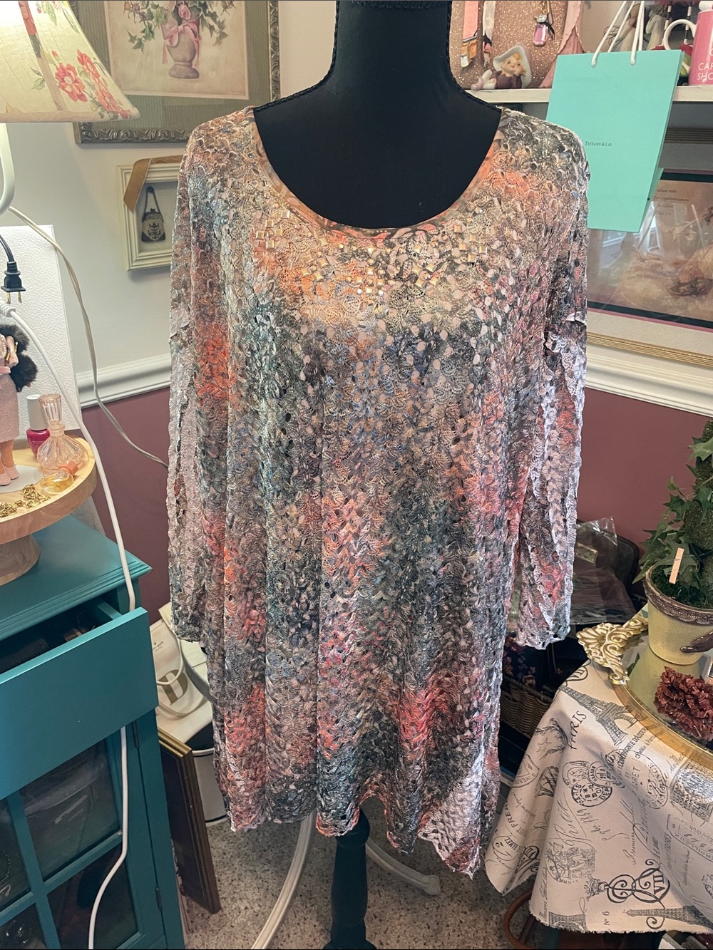 Women’s Scoop Neck Crochet Tunic Top in Pink, Gray and Peach Hues